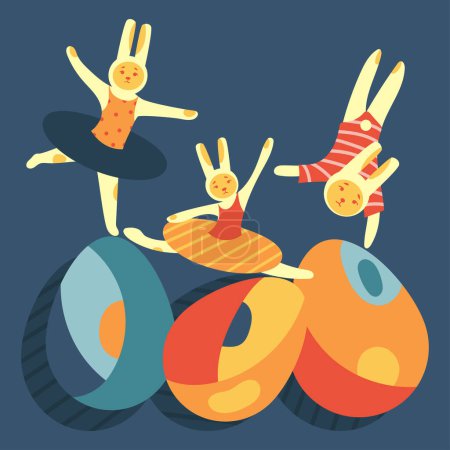 Illustration for Happy Easter banner.Trendy Easter design with rabbits and eggs geometric shapes Modern Retro aesthetic style.Cute Dancing rabbits,bunnies acrobats on eggs poster,greeting card,web,print.Vector - Royalty Free Image