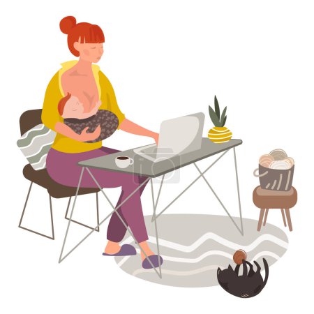 Illustration for Woman Mother breastfeeding baby while working with laptop at home vector illustration.Young mother taking online consultation or video lessons.Female freelancer working or studying on laptop at home. - Royalty Free Image