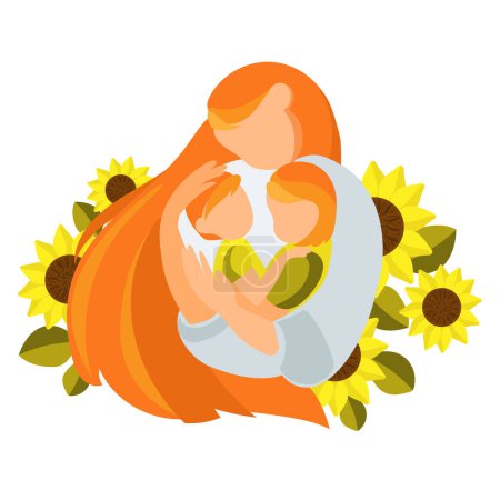 Glückliche Mutter umarmt ihre Kinder Junge und Mädchen auf dem Hintergrund von Sonnenblumen Vector Illustration.Happy Mother 's Day Poster, Grußkartenvorlage. Weltfrauentag. Kinder pflegen und schützen