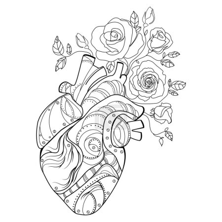 Ilustración de Corazón humano anatómico con rosas de las flores Línea dibujo vector illustration.Mechanical corazón humano órgano con flores que crecen de ella, dibujo boceto diseño suyurealista para imprimir, emblema, idea de tatuaje - Imagen libre de derechos