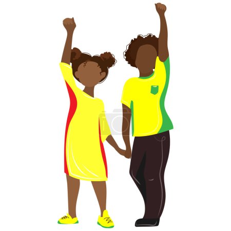 Ilustración de Niños afroamericanos de piel negra con los puños levantados hasta la ilustración aislada vector en estilo plano.Niños africanos activistas niño y niña se toman de la mano. - Imagen libre de derechos