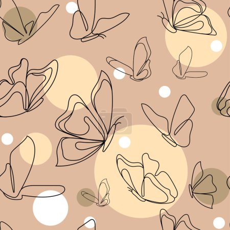 Illustration for Flying butterflies line drawing on beige background with pastel circles vector illustration for fashion print,textile,paper,backdrop.Each layer is isolated and editable - Royalty Free Image