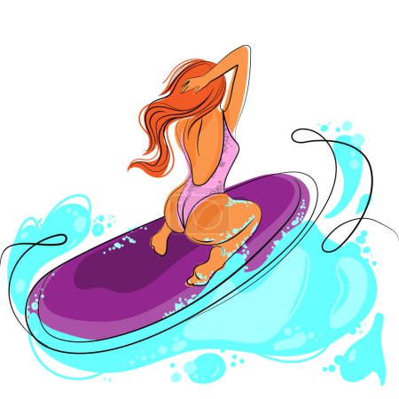 Ilustración de Chica surfista en la tabla, vector línea de arte minimalista illustration.Pretty mujer en un traje de baño y con el pelo largo se sienta en una tabla de surf rodeado de olas de mar.Water sports.Summer cartel de vacaciones - Imagen libre de derechos