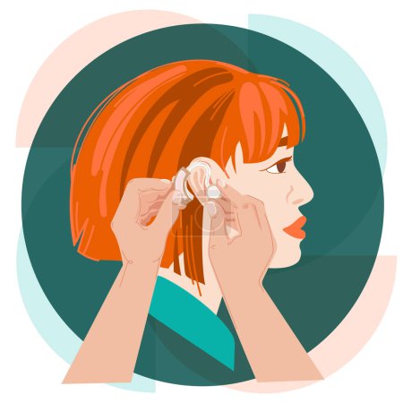 Konzept Hörverlust. Ärzte Hände, die ein Hörgerät auf den Ohrenvektor legen Illustration. Junge weibliche Figur mit Hörsystem-Symbol, Logo, Plakat Illustration Design.