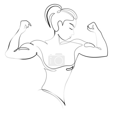 Illustration for Fitness woman with an athletic body shows her biceps muscles One line drawing logo, emblem, poster print design. Vector black and white illustration. Female Bodybuilder line art - Royalty Free Image