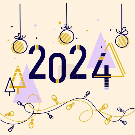 Illustration for Happy New Year 2024 numbers abstract banner poster card design with Christmas balls garlands and abstract pine trees in geometric style. Festive New Year design, background, cover vector illustration - Royalty Free Image