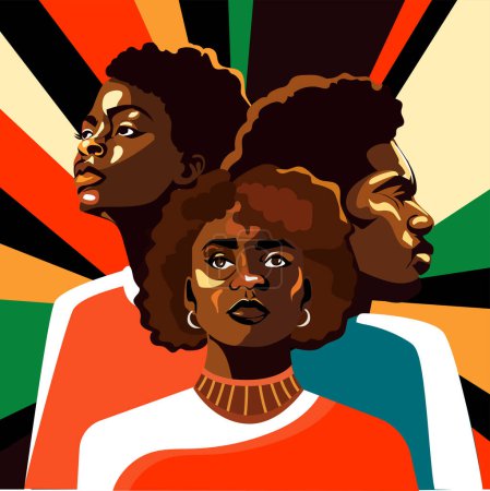 Retrato de mujeres y hombres afroamericanos.Ilustración vectorial en estilo moderno.Grupo de personas negras de pie juntos.Concepto del Mes de la Historia Negra