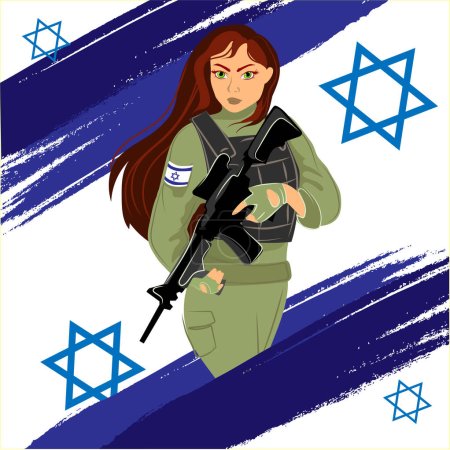 Schöne IDF Mädchen mit einem Maschinengewehr in ihren Händen auf dem Hintergrund der israelischen Flagge Vektor Illustration. Junge israelisch-jüdische Soldatin in Militäruniform