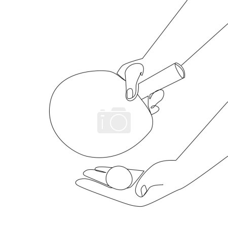 Ping pong concept. One line drawn racket and ping ponra ball in human hands before serving. Minimalist style sports illustration. Vector graphics