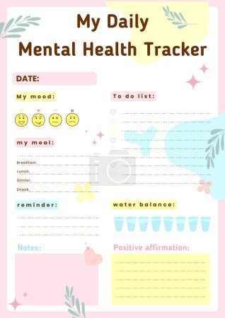 Daily planner. Daily mental health tracker.To do list and organizer, place for notes. My goals, Water balance. Mood tracker and place for affirmations. Vector template illustration in simple style 