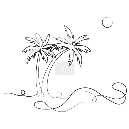 Ilustración de Dos palmeras y olas marinas Dibujo de una línea.Paisaje tropical abstracto línea de arte continua.Concepto de vacaciones de verano, turismo y viaje.Ilustración vectorial sencilla.Dibujo abstracto - Imagen libre de derechos