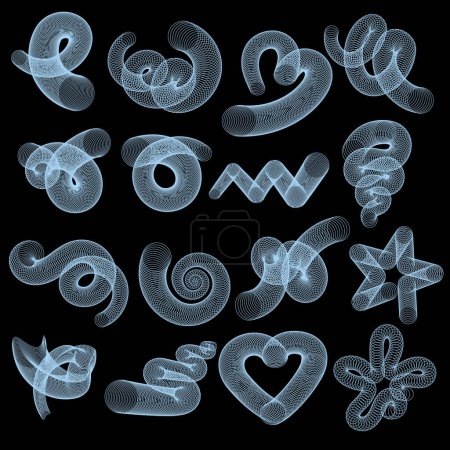 Abstract Wireframe shapes and elements in 3D style isolated on black background. Wireframe heart, star doodle and other elements for design. Y2k retro futuristic aesthetic.Vector illustration