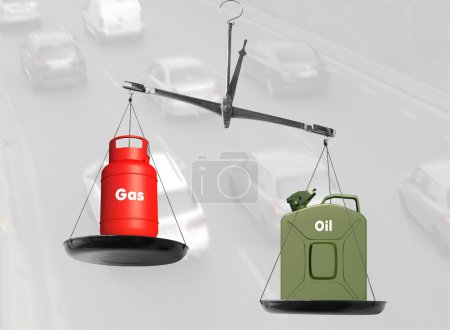 Téléchargez les photos : Balance comme symbole d'équilibre et de choix entre pétrole et gaz - en image libre de droit