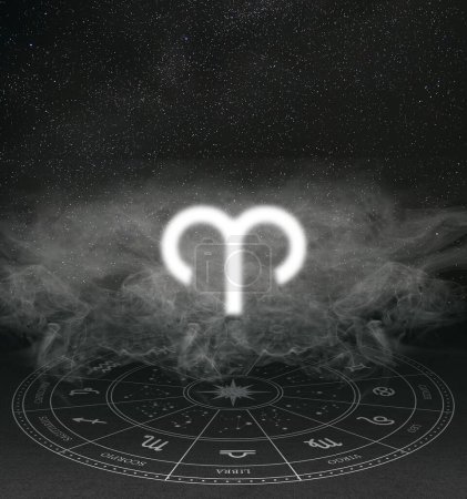 Abstract image of the sign of the zodiac Aries against the background of the starry sky and smoke