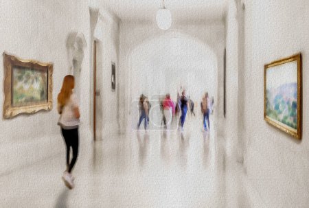 Photo for Watercolor drawing of people in the lobby of a contemporary art center with a blurred background - Royalty Free Image