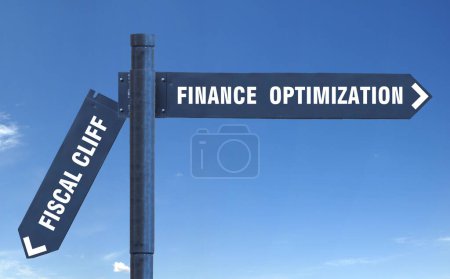 Photo for Road sign in the form of arrows with inscriptions fiscal cliff. finance optimization - Royalty Free Image