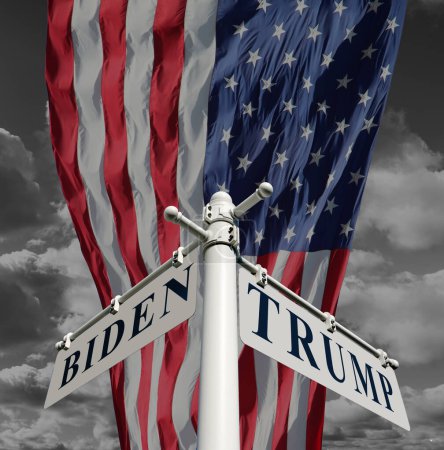 Señal de tráfico con las inscripciones Biden y Trump en el fondo de la bandera de Estados Unidos