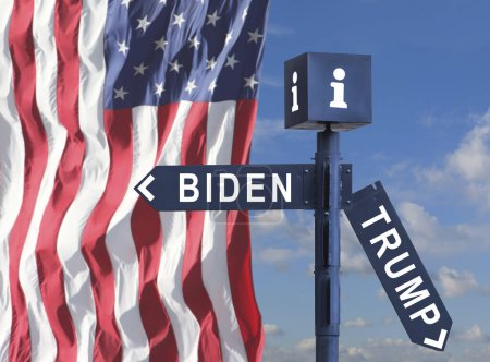 Foto de Señal de tráfico con las inscripciones Biden y Trump en el fondo de la bandera de Estados Unidos - Imagen libre de derechos