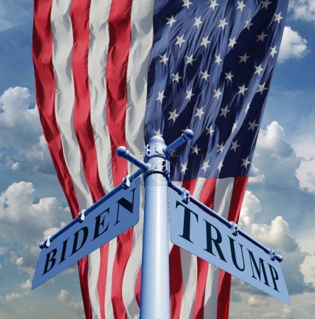 Foto de Señal de tráfico con las inscripciones Biden y Trump en el fondo de la bandera de Estados Unidos - Imagen libre de derechos