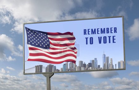 Foto de Cartelera con la inscripción "Recuerda votar", bandera estadounidense y horizonte de la ciudad de Nueva York contra el cielo - Imagen libre de derechos