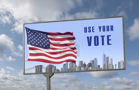 Foto de Cartelera con la inscripción "Usa tu voto", bandera americana y horizonte de la ciudad de Nueva York contra el cielo - Imagen libre de derechos