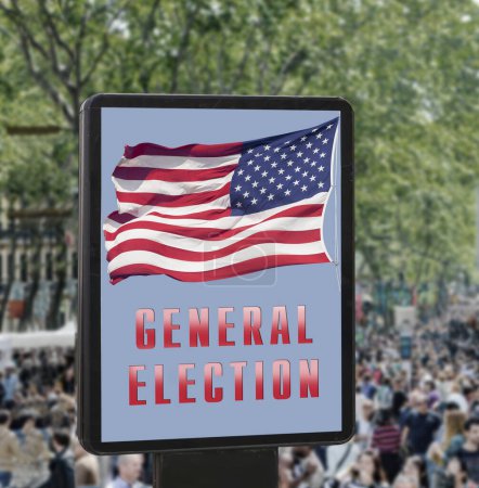 Foto de Cartelera con la inscripción "Elecciones generales", bandera estadounidense en el fondo de la calle - Imagen libre de derechos