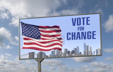 Cartelera con la inscripción "Vote for change", bandera estadounidense y horizonte de la ciudad de Nueva York contra el cielo