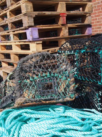 Photo for Lobster pots used in traditional fishing for crustaceans stacked together on top of green nylon rope and pallets in scarborough harbour - Royalty Free Image