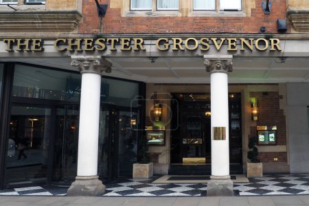 Photo for Chester, Cheshire, United Kingdom - 20 March 2024: Sign above the entrance of the Historic Grosvenor Hotel in Chester England - Royalty Free Image
