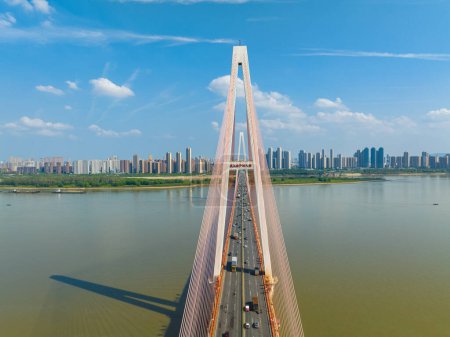 Foto de Paisaje de la playa del río Wuhan y el puente del río Yangtze - Imagen libre de derechos