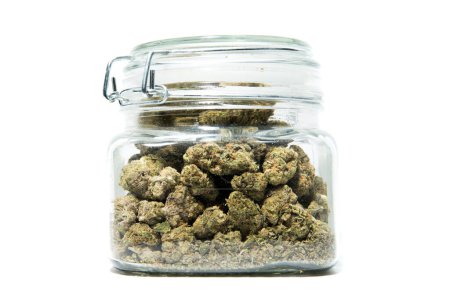 Téléchargez les photos : Fleurs de cannabis dans un bocal en verre isolé sur fond blanc - en image libre de droit