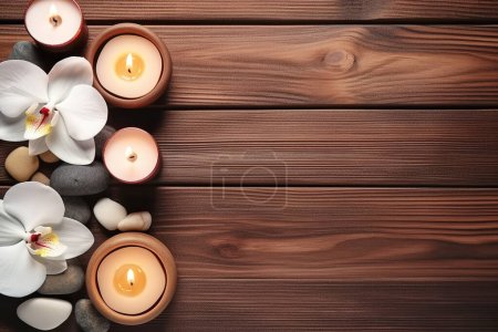 Zbliżenie drewnianego stołu z białymi kwiatami i kamieniami w spokojnym otoczeniu spa, promującym relaks i zdrową pielęgnację urody.