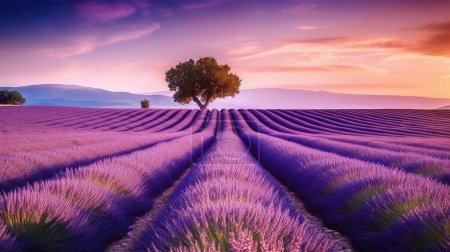 Foto de Una vista impresionante de la campiña de Provenza llena de lavanda en Francia, salpicada de nubes pintorescas y violetas vibrantes. - Imagen libre de derechos