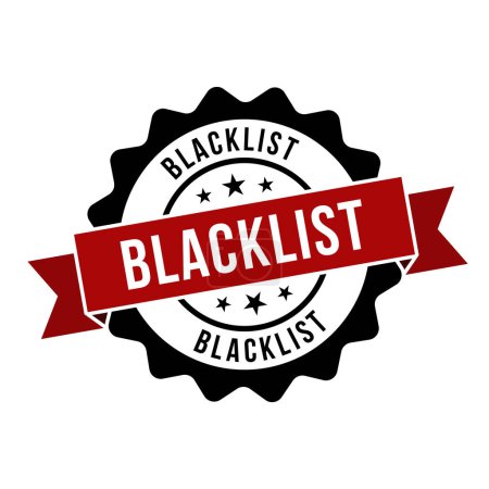Téléchargez les illustrations : Timbre de liste noire, Panneau rond de liste noire avec ruban - en licence libre de droit