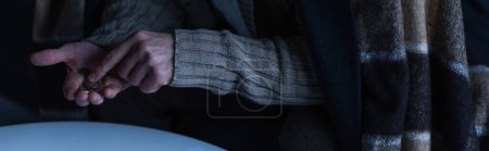 cropped view of man in warm blanket counting coins during energy blackout, banner