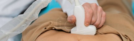 Photo for Cropped view of doctor doing kidneys ultrasound to woman in hospital, banner - Royalty Free Image
