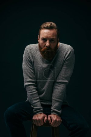 Photo for Portrait of bearded man posing while sitting on chair isolated on black with shadow - Royalty Free Image