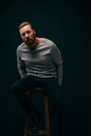 Photo for Bearded man in stylish grey jumper sitting on chair isolated on black - Royalty Free Image