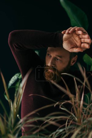 Elegante modelo barbudo posando cerca de plantas borrosas aisladas en negro 
