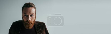 Foto de Hombre serio y barbudo en chaqueta mirando a la cámara aislado en gris, pancarta - Imagen libre de derechos