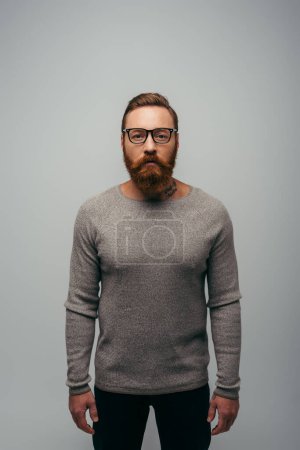 Photo for Bearded and tattooed man in long sleeve and eyeglasses looking at camera isolated on grey - Royalty Free Image