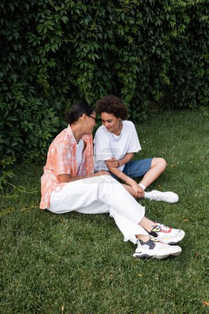 smiling african american lesbian woman in sunglasses looking at happy girlfriend while sitting on lawn 