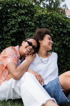 stylische afrikanisch-amerikanische lesbische Frau mit Sonnenbrille stützt sich auf glückliche Freundin, während sie im grünen Park sitzt