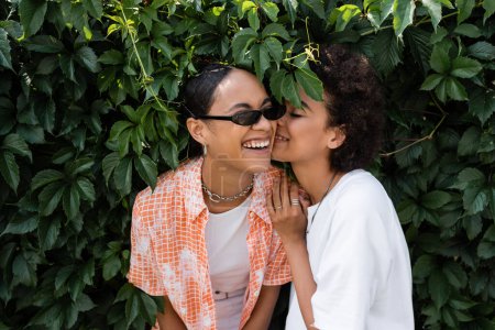happy african american lesbian woman kissing cheek of cheerful girlfriend in sunglasses 