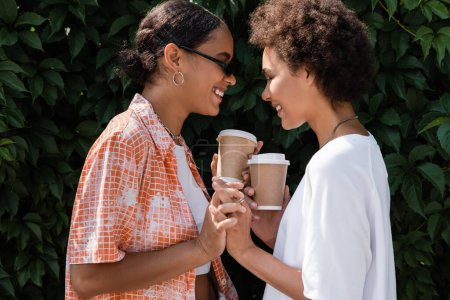 joyful african american lesbian woman in sunglasses holding hands with smiling girlfriend