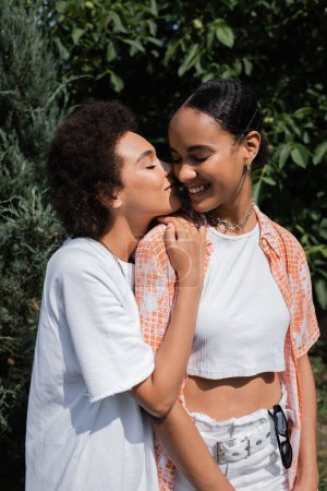 lockige Afroamerikanerin küsst lesbische Partnerin im grünen Park auf die Wange 