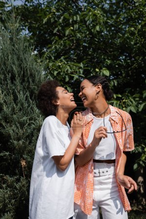 lockige Afroamerikanerin umarmt lesbische Partnerin mit stylischer Sonnenbrille im grünen Park 