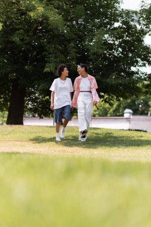 in voller Länge junge afrikanisch-amerikanische Frau Händchen haltend und mit lesbischem Partner im grünen Park spazieren 