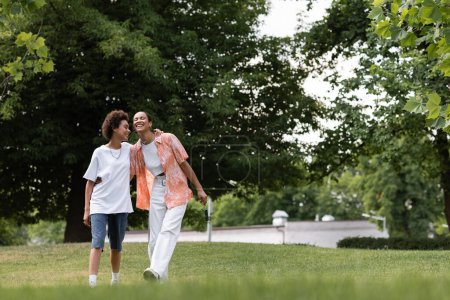 full length of joyful african american lesbian woman hugging happy girlfriend and walking in green park 