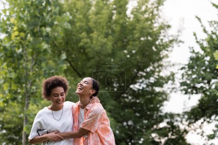 joyful african american lesbian woman hugging happy girlfriend and laughing in green park 